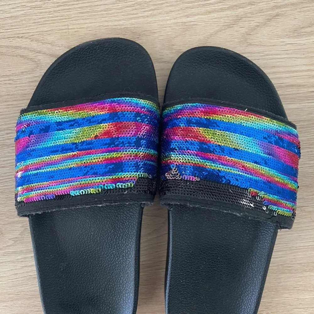 Adidas Adilette Rainbow Sequin Slides Black Multi Color Stripe Kids Size 3